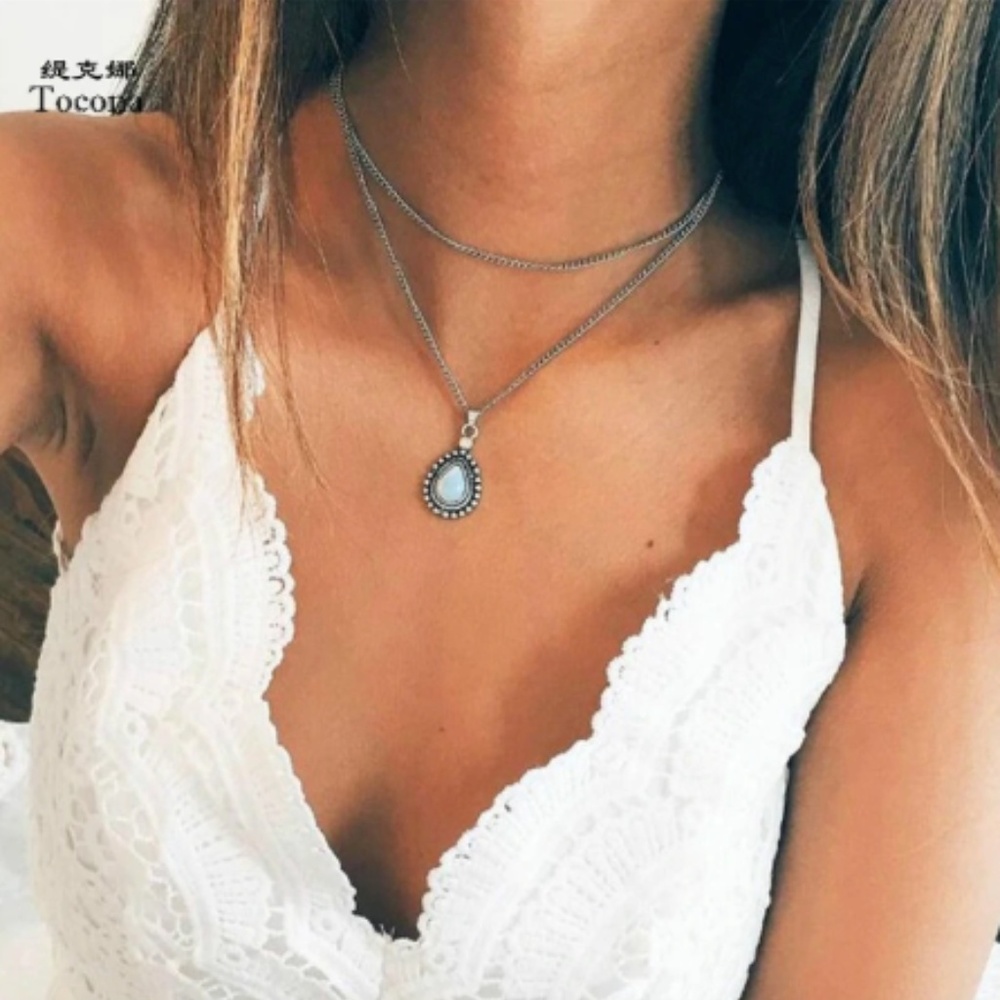 Bohemian Water Drop Crystal Charm Choker Necklace
